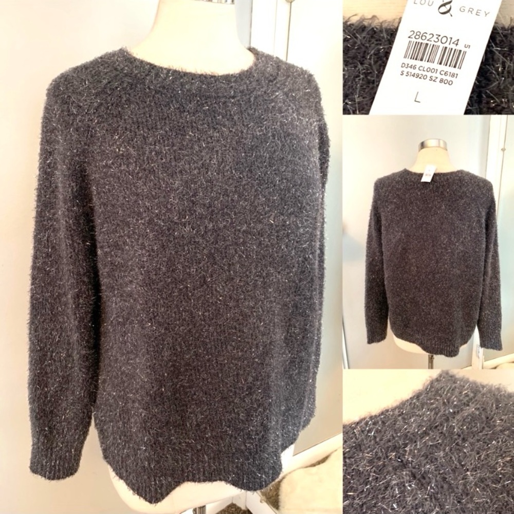 Lou & Grey Eyelash Trim Sweater Marled Gray Silver NWT size L Holiday Party